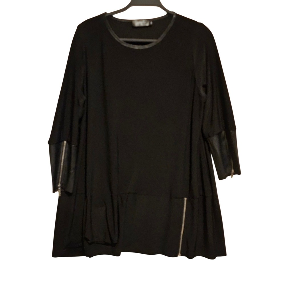 Sympli Black Vegan Leather Trim Zip Detail Tunic Top Made in Canada Size 0G